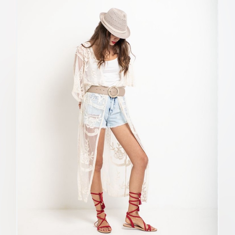 Boho Lace Cover Up Maxi White Beach Swimwear Summer  Duster Sexy Kimono